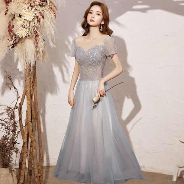 Short-Sleeve Round Neck Sequin Mesh A-Line Cocktail Dress / Evening Gown