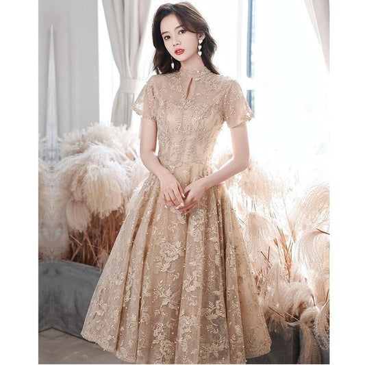 A-Line Embroidered Dress Cocktail Short-Sleeve Evening / Faux Flower Neck Mock Gown Pearl