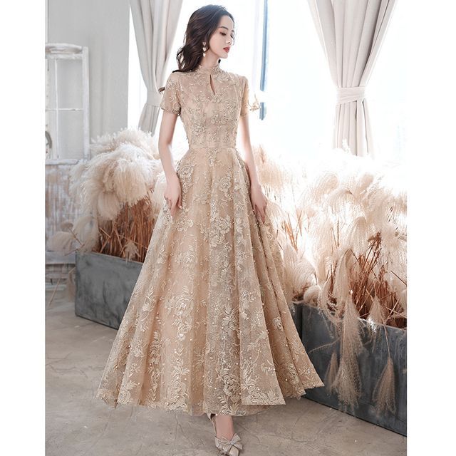 Short-Sleeve Mock Neck Flower Embroidered Faux Pearl A-Line Cocktail Dress / Evening Gown