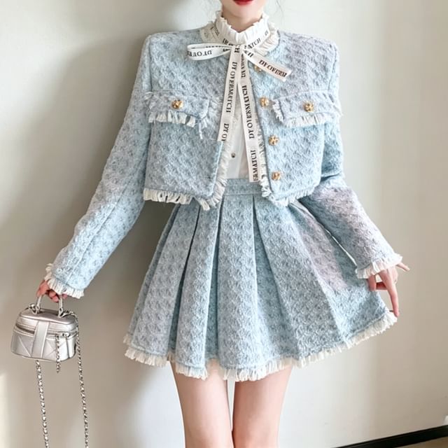 Tweed Tassel-Trim Jacket and Pleated Skirt Set