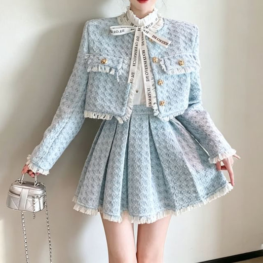 Tweed Tassel-Trim Jacket and Pleated Skirt Set