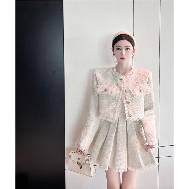 Tweed Tassel-Trim Jacket and Pleated Skirt Set