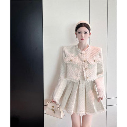 Tweed Tassel-Trim Jacket and Pleated Skirt Set