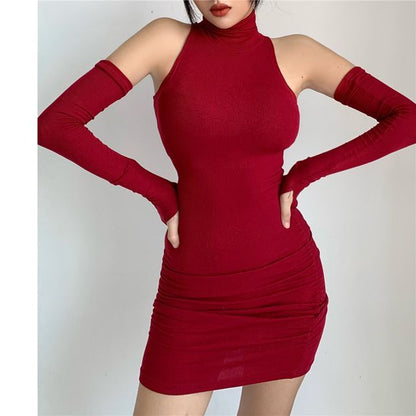 Sleeveless Turtleneck Plain Mini Dress With Arm Sleeves