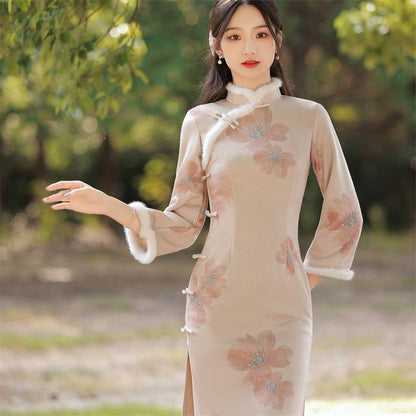 Fluffy Trim Floral Slit Midi Qipao