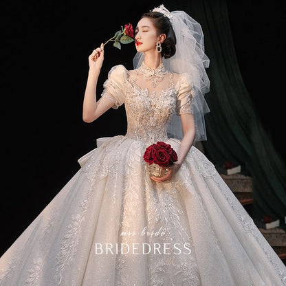 Sequined Ball Embroidered Gown Puff-Sleeve Floral Wedding