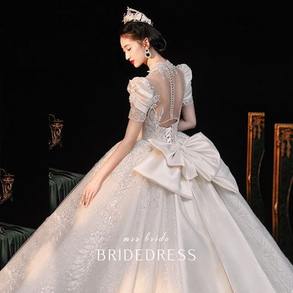 Sequined Ball Embroidered Gown Puff-Sleeve Floral Wedding