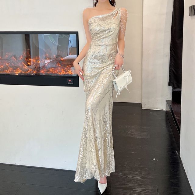 One-Shoulder Sequin Beaded Mermaid Evening Dress