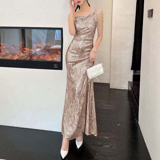 One-Shoulder Sequin Beaded Mermaid Evening Dress