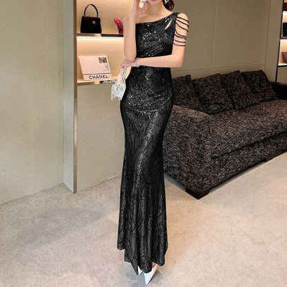 One-Shoulder Sequin Beaded Mermaid Evening Dress