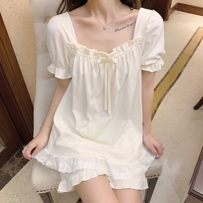 Square-Neck Lace-Trim Pajama Shorts Set