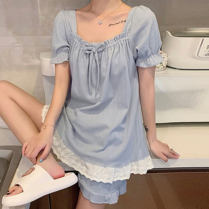 Square-Neck Lace-Trim Pajama Shorts Set