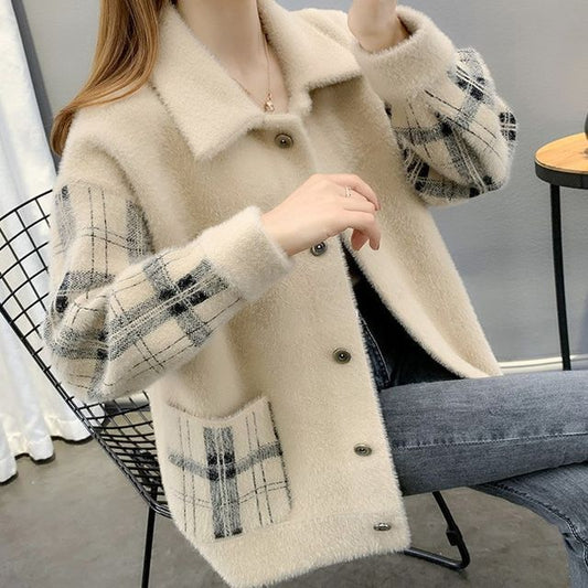 Collared Plaid Fluffy Button Jacket