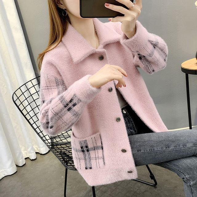 Collared Plaid Fluffy Button Jacket