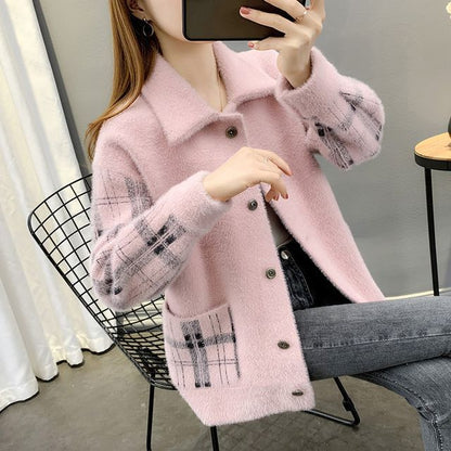 Collared Plaid Fluffy Button Jacket