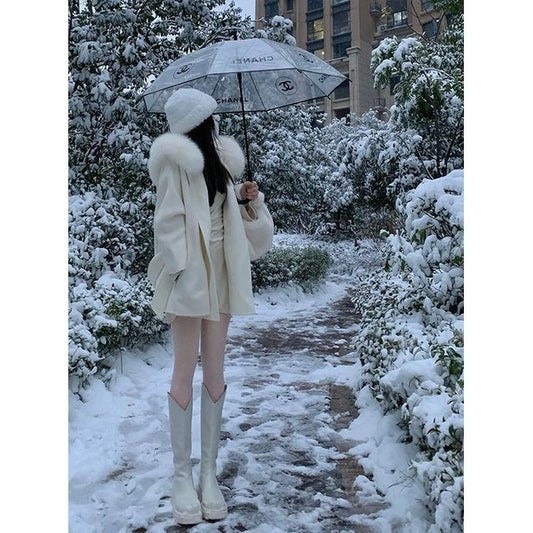 Faux Fur Trim Plain Hooded Open Front Woolen Coat