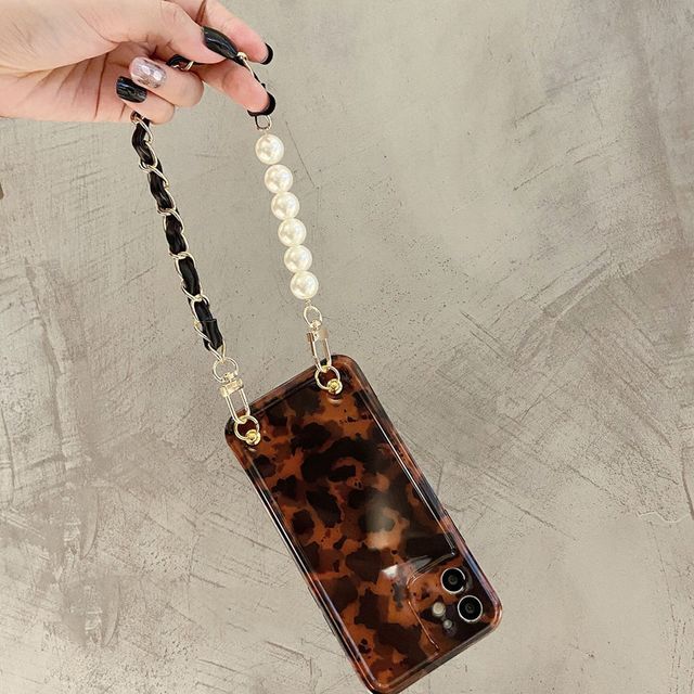 Leopard Print Faux Pearl Chain Phone Case