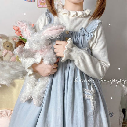 Lolita Pullover mit Puffärmeln, Rüschenbesatz und hohem Kragen, schlicht