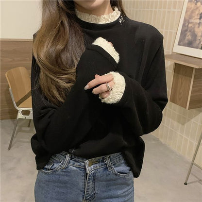 Long-Sleeve Lace Trim High Neck Tee