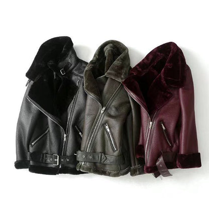 Long Sleeve Faux Leather Furry-Trim Jacket