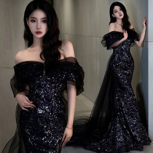 Gown Elbow-Sleeve Sequined Evening Off Shoulder Trained Mermaid Mesh Panel