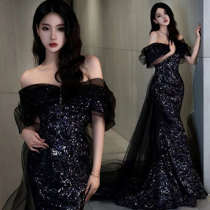Elbow-Sleeve Off Shoulder Mesh Panel Trained Sequined Mermaid Evening Gown