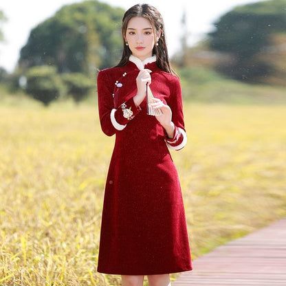 Long-Sleeve Fleece Trim Floral A-Line Qipao