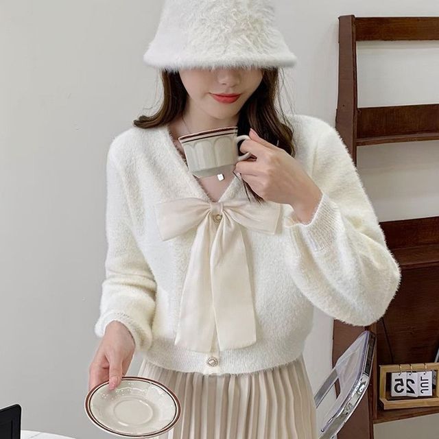 V-Neck Ribbon Accent Faux Fur Button-Up Cardigan