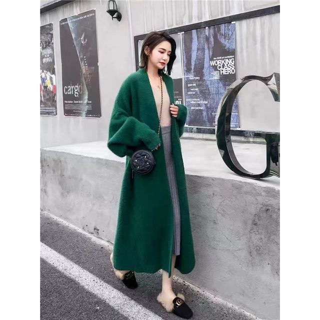 Plain Open Front Faux Fur Long Cardigan