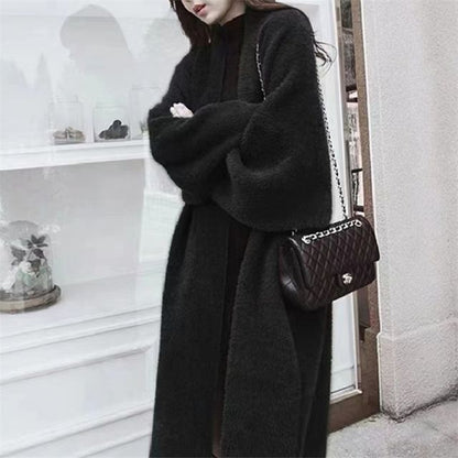 Plain Open Front Faux Fur Long Cardigan