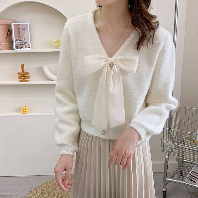 V-Neck Ribbon Accent Faux Fur Button-Up Cardigan