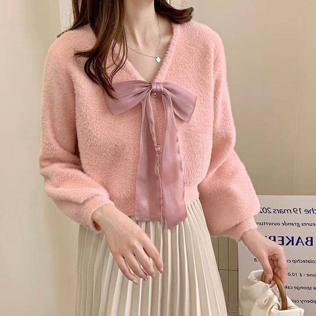 V-Neck Ribbon Accent Faux Fur Button-Up Cardigan