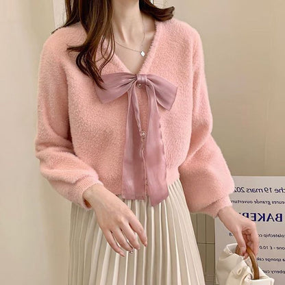 V-Neck Ribbon Accent Faux Fur Button-Up Cardigan