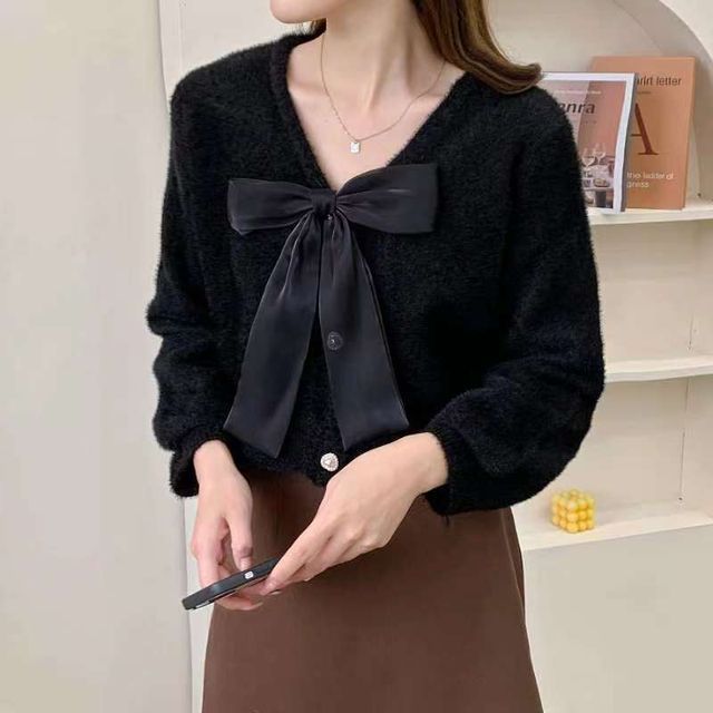 V-Neck Ribbon Accent Faux Fur Button-Up Cardigan