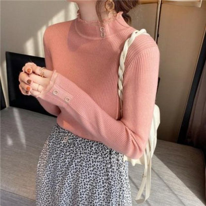 Semi-Turtleneck Ribbed Knit Lace-Trim Top