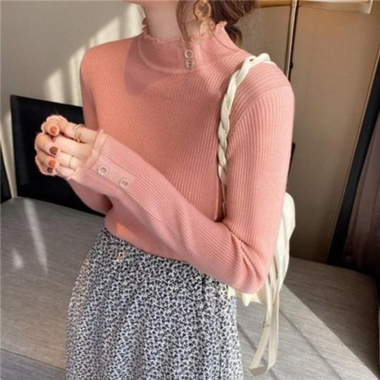 Semi-Turtleneck Ribbed Knit Lace-Trim Top