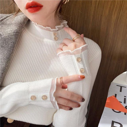 Semi-Turtleneck Ribbed Knit Lace-Trim Top