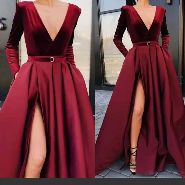 V-Neck Plain Evening Long-Sleeve Gown A-Line