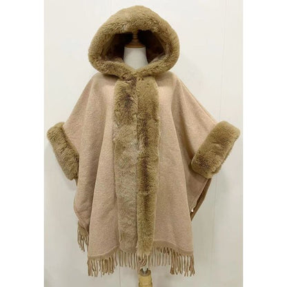 Faux Fur Trim Fringed Fleece-Lined Capelet