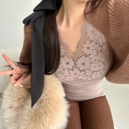 Sleeveless V-Neck Lace-Panel Top