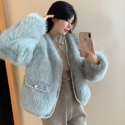 Plain Fluffy Faux Pearl Jacket