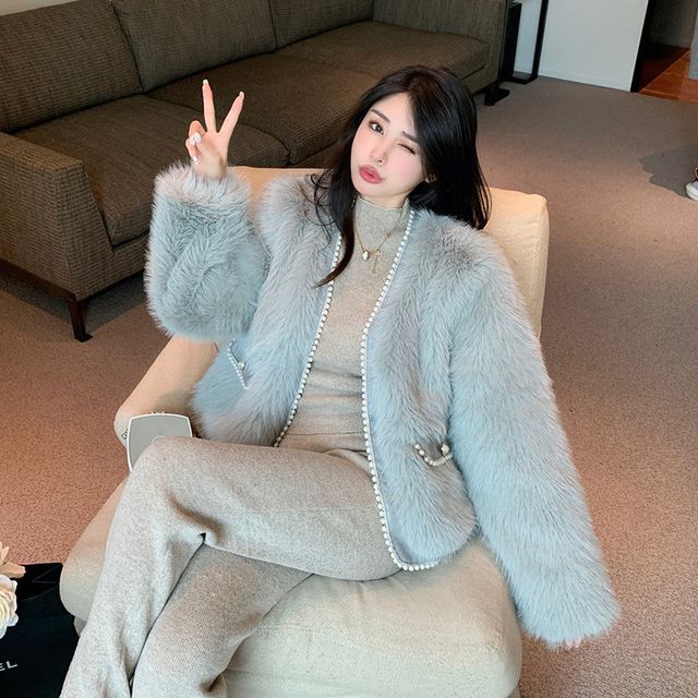 Plain Fluffy Faux Pearl Jacket