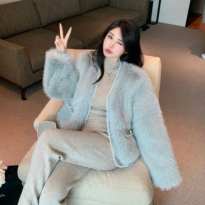 Plain Fluffy Faux Pearl Jacket