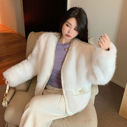 Plain Fluffy Faux Pearl Jacket