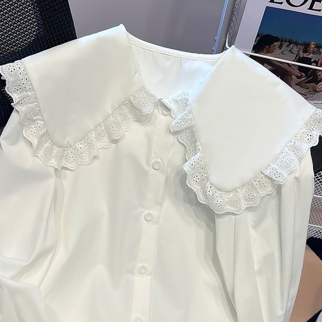 Puff-Sleeve Lace-Trim Blouse
