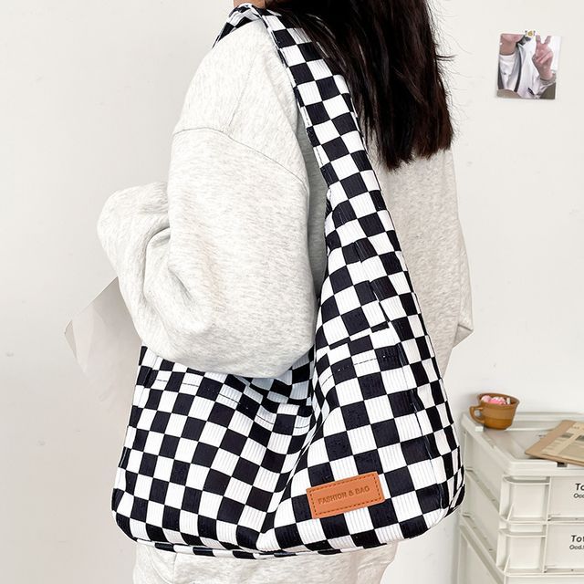 Checker Lettering Applique Corduroy Tote Bag