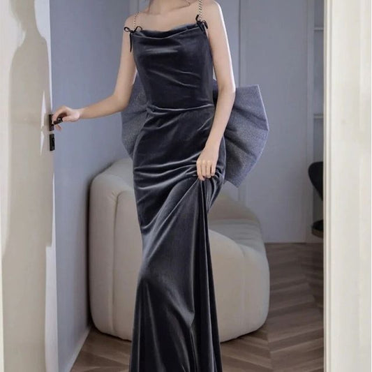 Evening Strap Bow Spaghetti Gown Backless A-Line