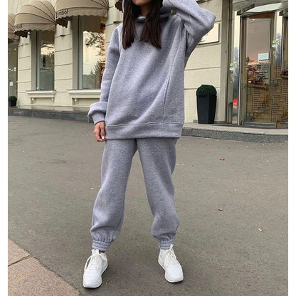 Set: Long Sleeve Plain Loose-Fit Hoodie + Straight-Leg Sweatpants