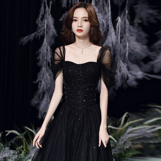 Gown Mesh Square Evening Neck Short-Sleeve