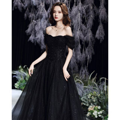 Short-Sleeve Square Neck Mesh Evening Gown